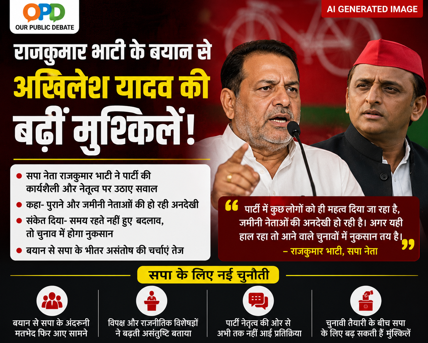 समाजवादी पार्टी के वरिष्ठ नेता राजकुमार भाटी के हालिया बयान ने पार्टी अध्यक्ष अखिलेश यादव की मुश्किलें बढ़ा दी हैं।