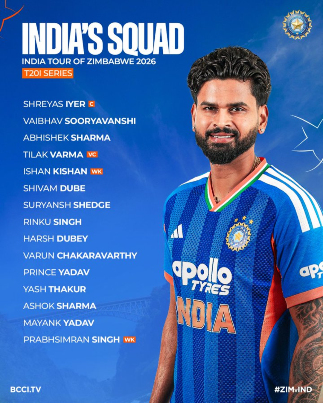 जिम्बाब्वे दौरे के लिए टीम इंडिया का ऐलान, श्रेयस अय्यर को मिली कप्तानी, वैभव सूर्यवंशी को मौका