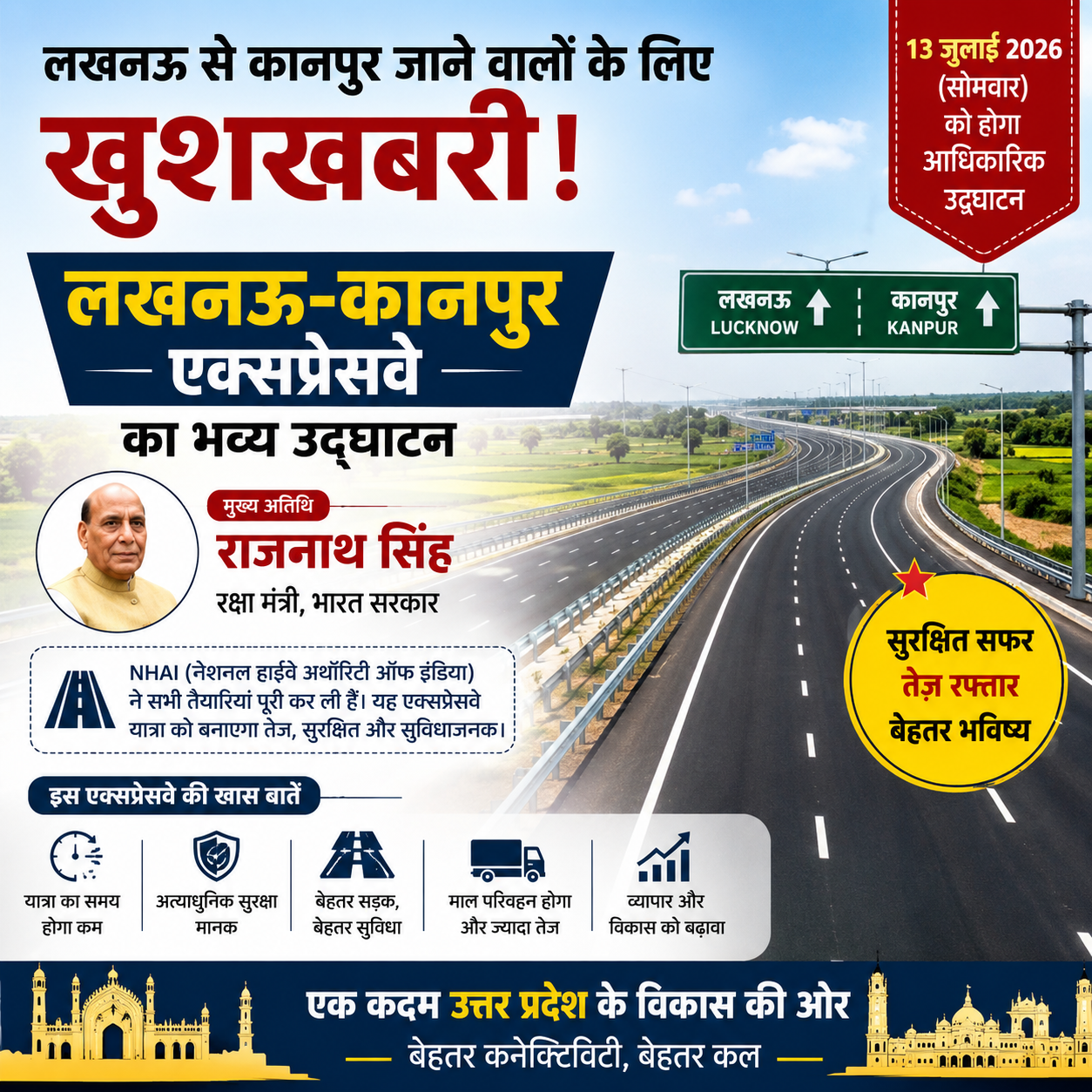 लखनऊ-कानपुर एक्सप्रेसवे का उद्घाटन आज, सफर होगा तेज, सुरक्षित और सुविधाजनक