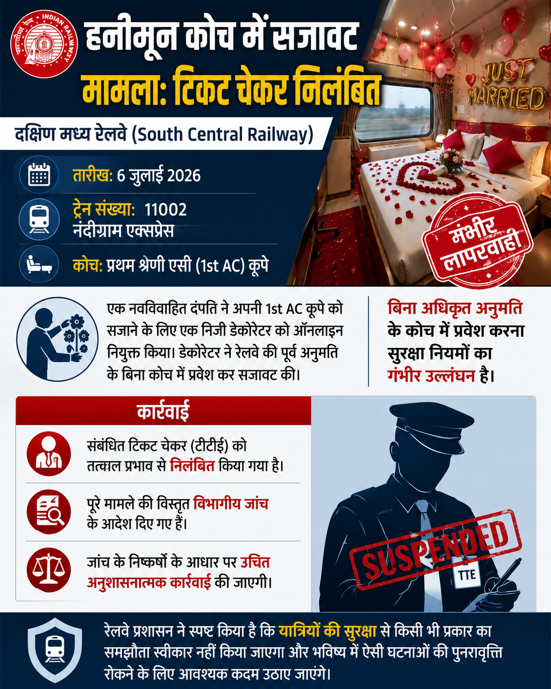 भारतीय रेलवे के हनीमून कोच में सजावट का मामला: टिकट चेकर निलंबित