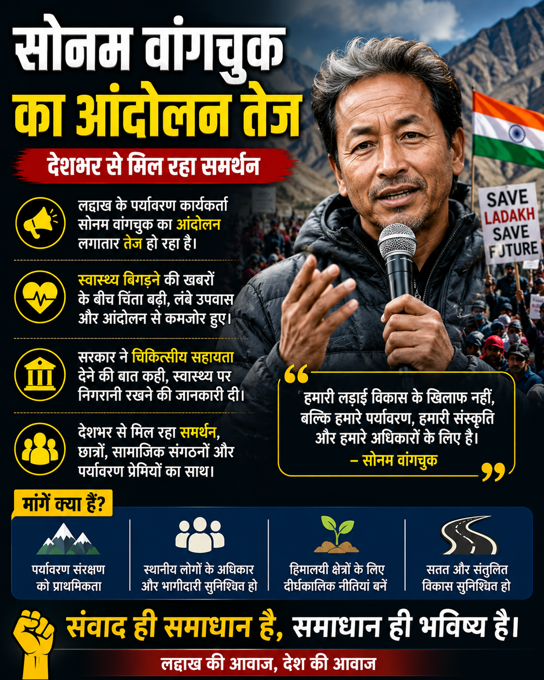 सोनम वांगचुक का आंदोलन तेज, स्वास्थ्य को लेकर बढ़ी चिंता